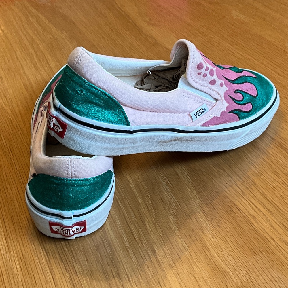 Vans Teal and Pink Flame Slip-Ons, custom hand painted - Picture 2 of 6